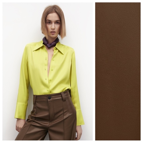 NWT. Zara BrownFaux Leather Francoise Full Length Trousers. Size XS. - Picture 2 of 10